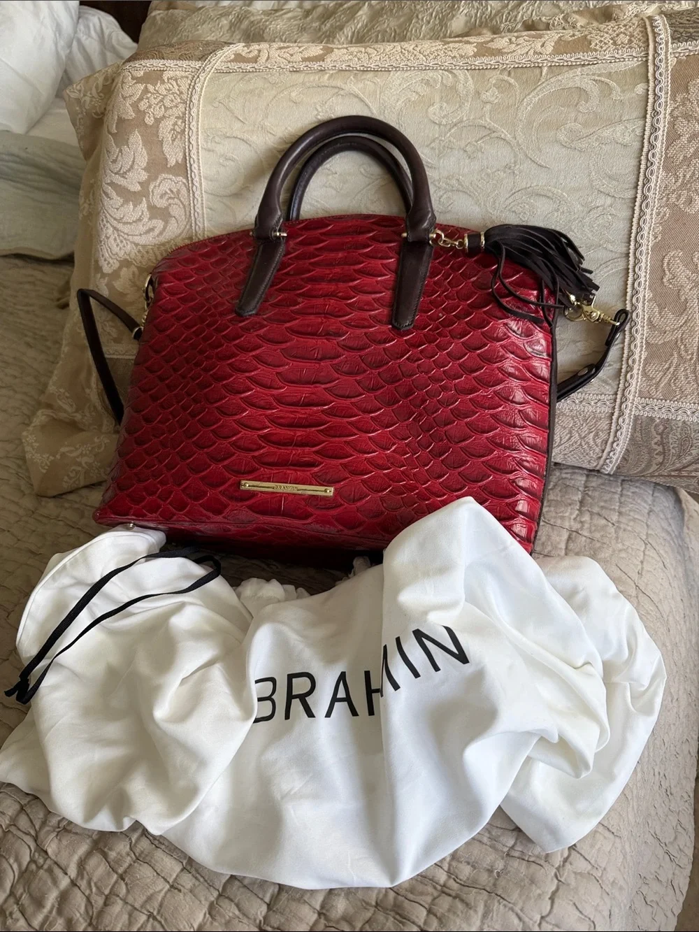 Brahmin bag large red and brown like new 16” by 11”